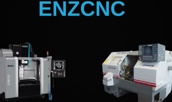 Two CNC machines with ENZCNC branding on a black background